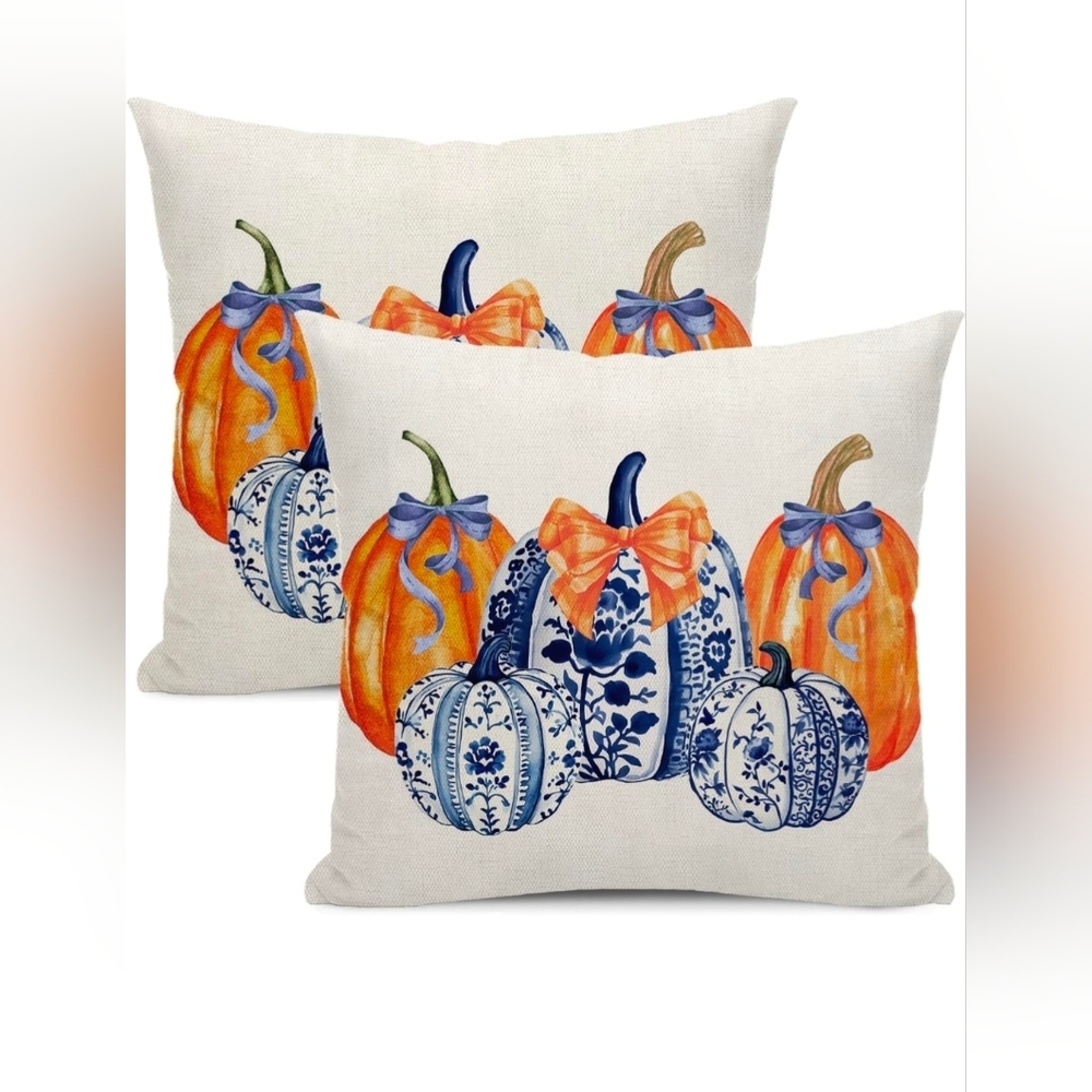 Fall Pillow Covers 20x20 Chinoiserie Blue and Orange Pumpkin Throw, 4PK